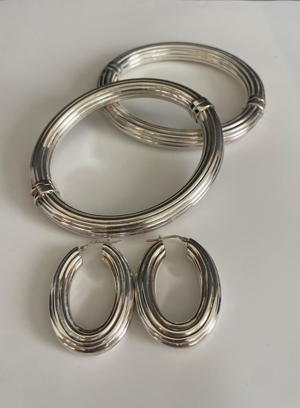 Milor Italy Sterling Silver Set 2 Ribbed Hinged Bangle Bracelets Pair Earrings