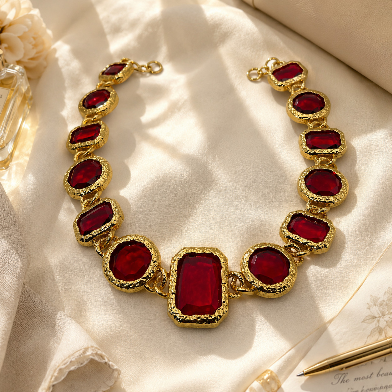 Catwalk Jon New Signed Rich Red Acrylic Collar Necklace Gold Tone Statement 19”