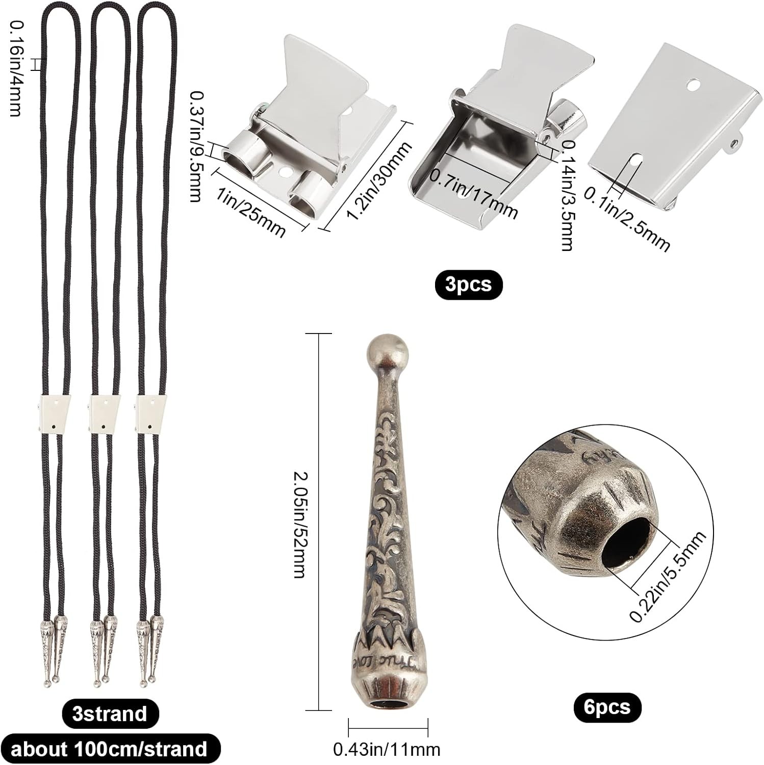 3 Sets Iron Bolo Tie Findings Kit Sterling Silver Plated Parts round Slide Textu