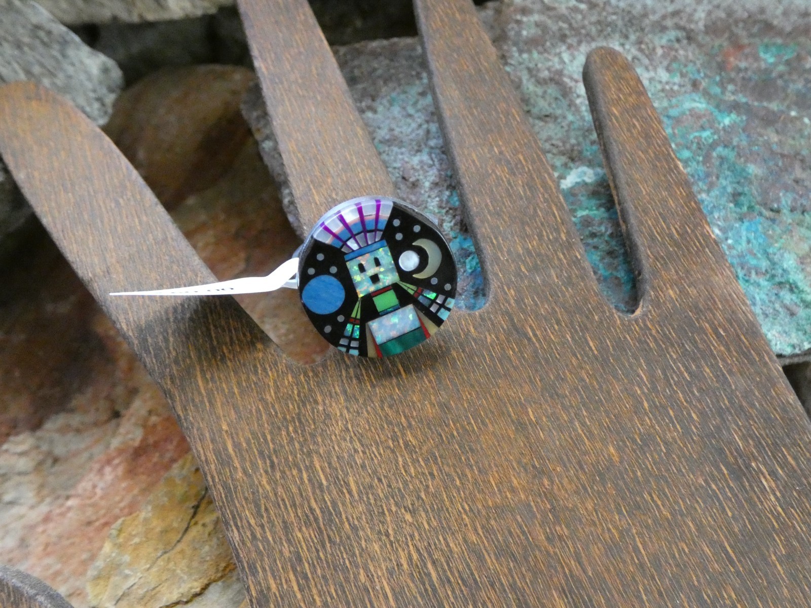Kachina Micro Inlay Gemstone Aluminum Sterling Silver Alloy Size 10 Ring AS79