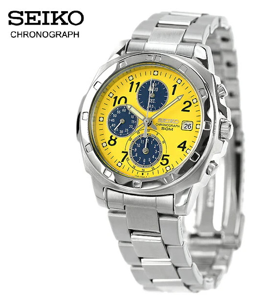 [☆New]SEIKO SND409 Chronograph Overseas Model Yellow Navy Stainless Quartz Watch