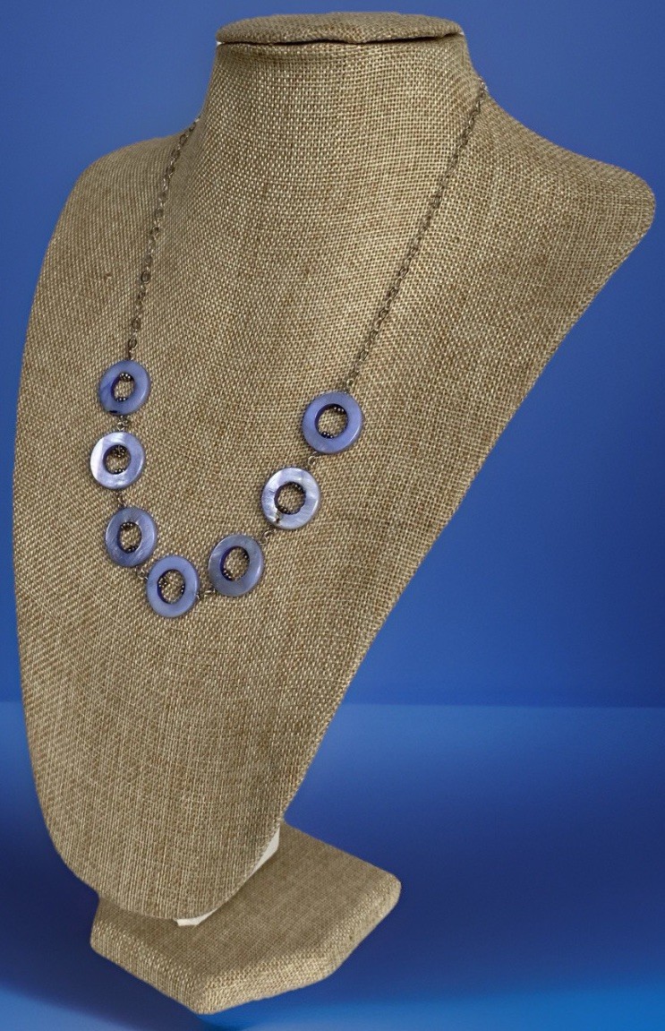 Periwinkle Blue Mother of Pearl Disc and Sterling Silver 925 Necklace 19″L