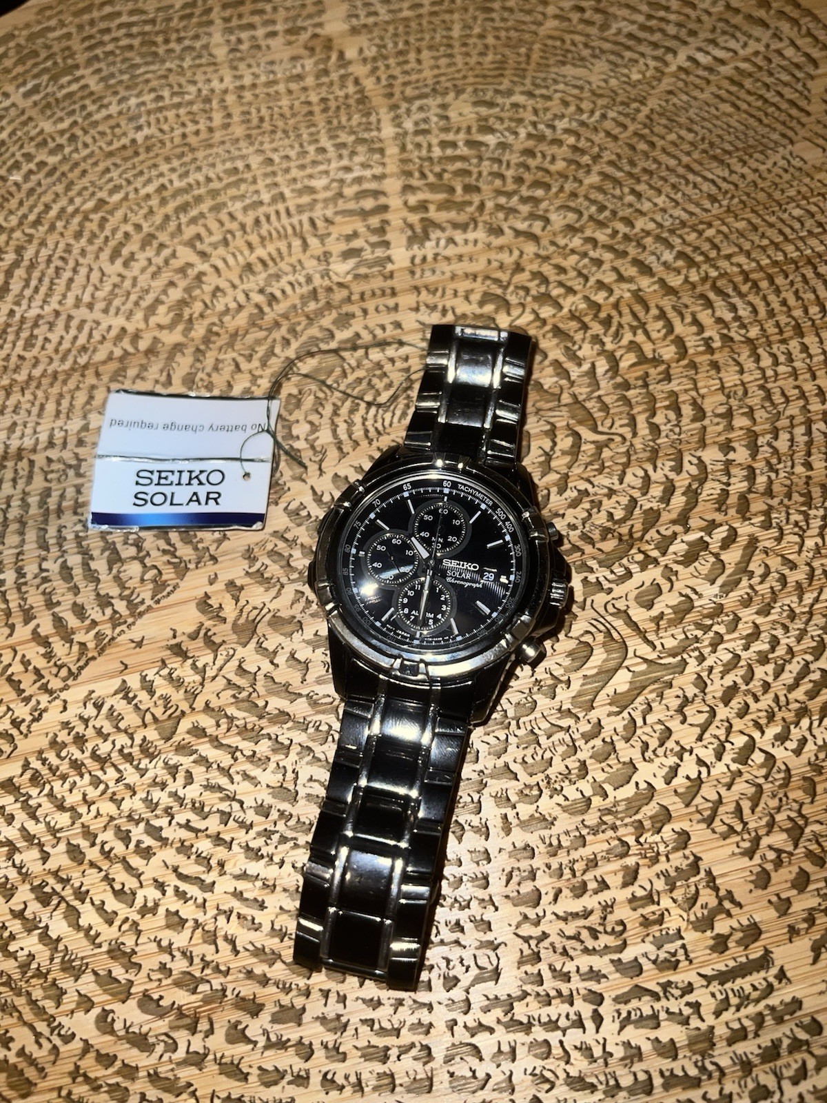 Seiko Solar Chronograph Watch Black Dial Date Alarm SSC143 New In Box