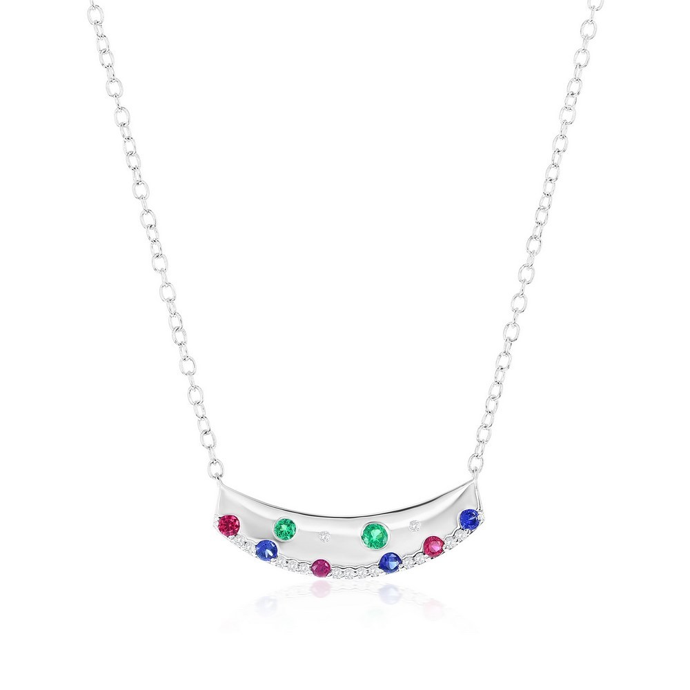 Sterling Silver Lab-Grown Gem & Natural Diamond Curved Necklace Rhodium Plated