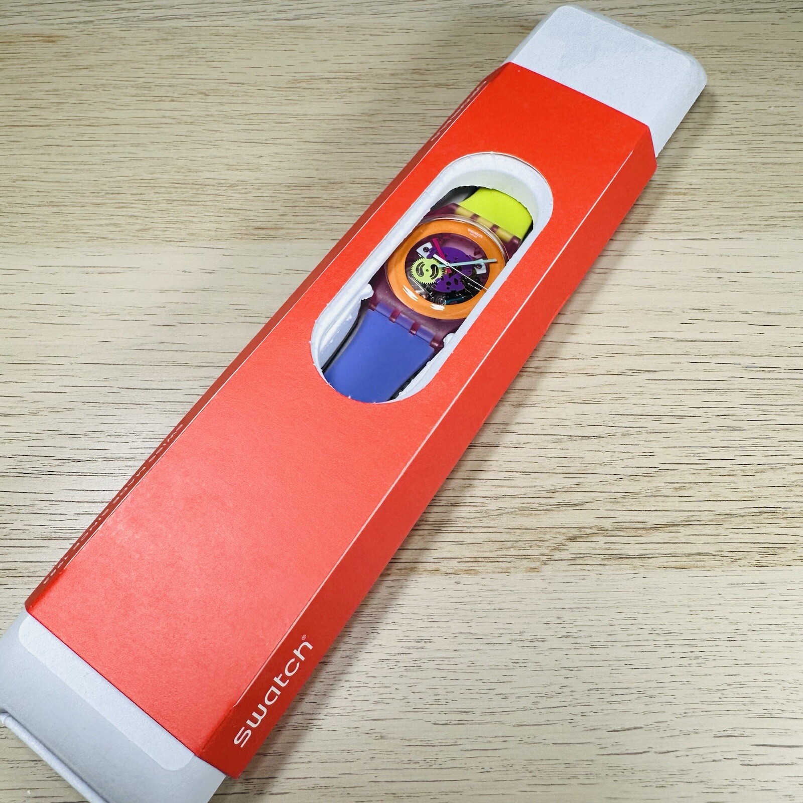 NEW✅ Swatch Dip In Color Orange Skeleton Dial Yellow and Purple Silicone Watch