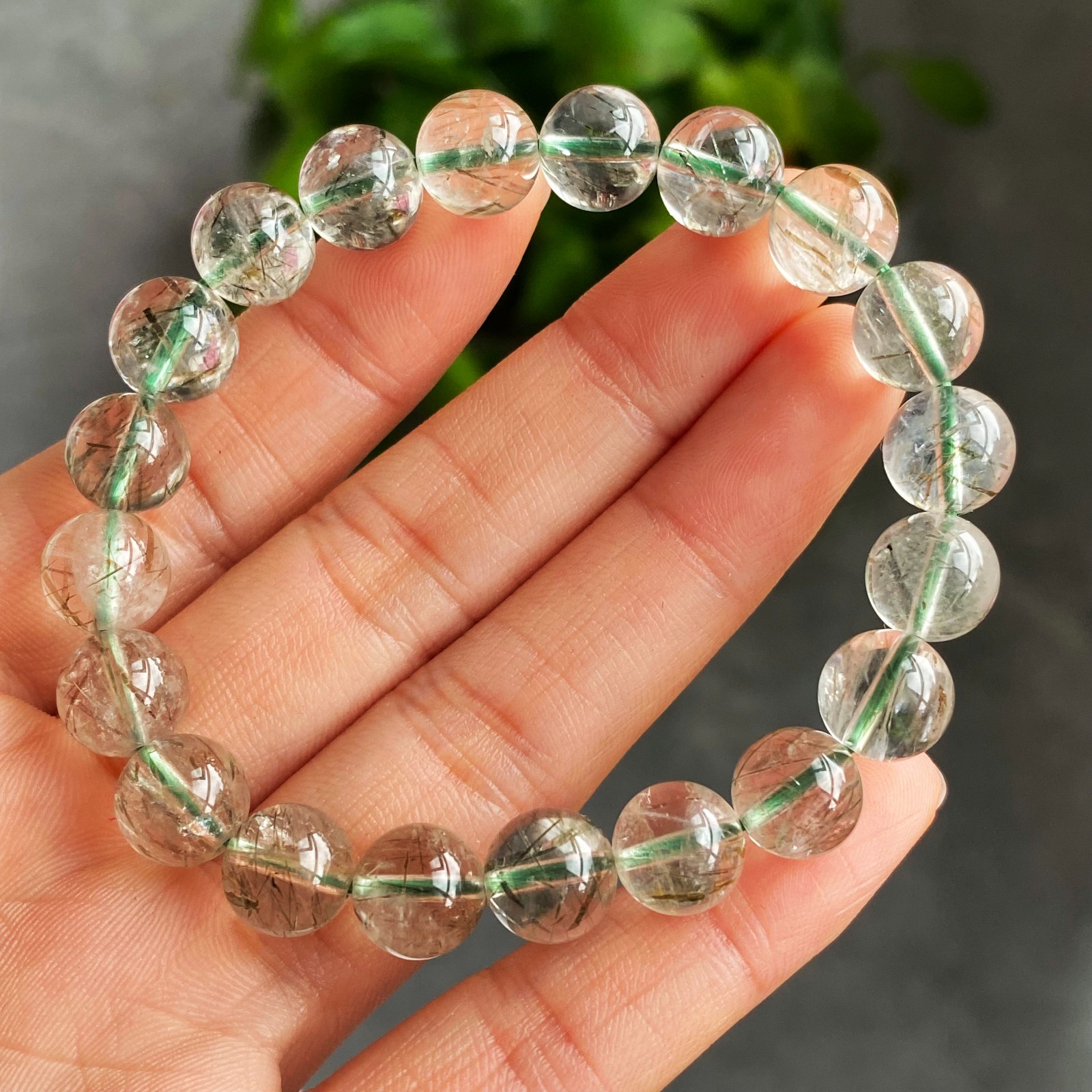 9.2mm Natural Green Tourmaline Rutilated Quartz Crystal Bracelet 3109