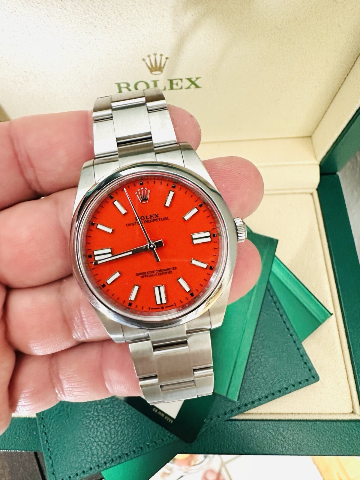 Men’s Rolex Oyster Perpetua1 41mm Ref 124300 Factory Coral Red Dial ~Box & Paper