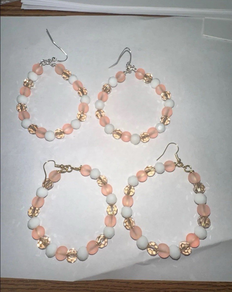 Beaded Hoop Dangle Hook Earrings Lot of 3 Pairs Pink White Glass Round
