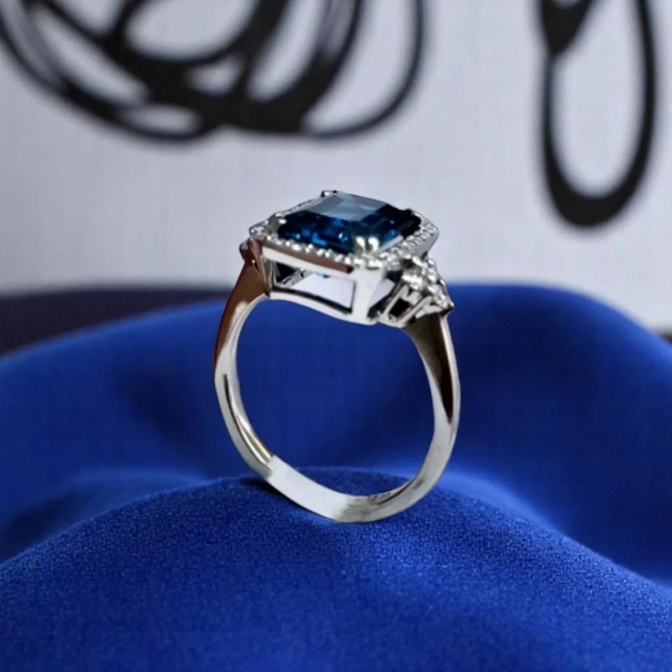 3.50Ct Emerald Cut Natural Blue Topaz Diamond Wedding Ring 950 Platinum 6 7 8 9
