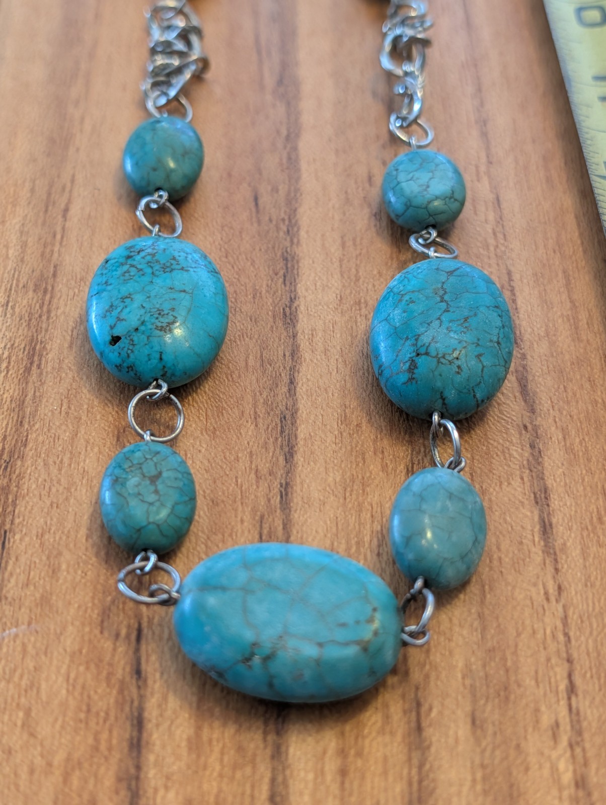Turquoise Oval Beaded Necklace Oval Link Chain Silver Tone Lobster Clasp
