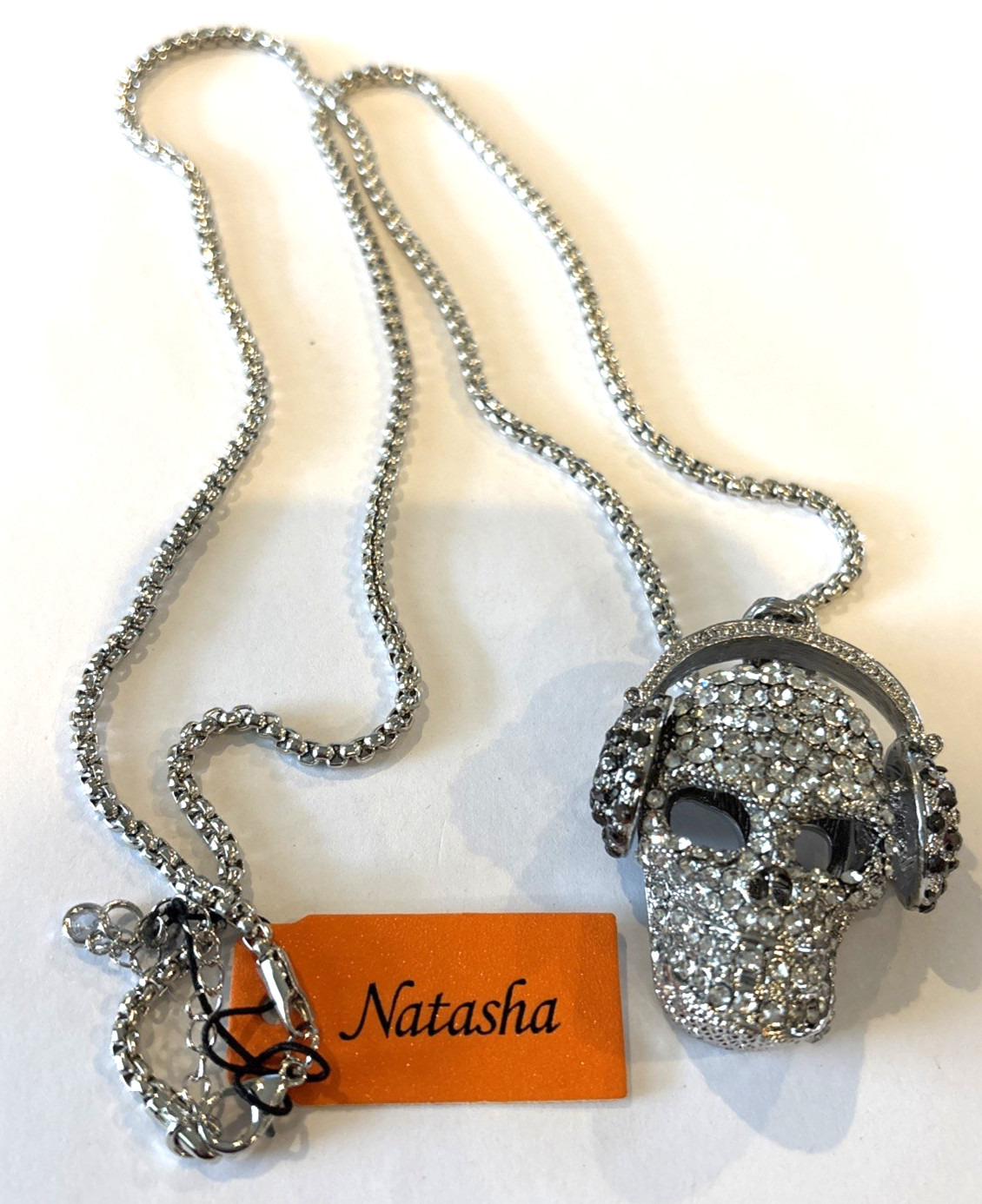 NATASHA Crystal Pava Skull Pendant With Headphones Necklace NWT