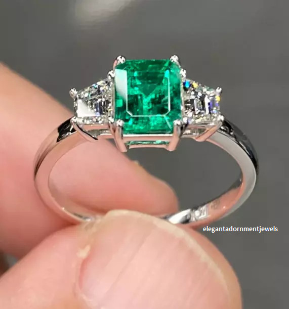Sparkle Green Emerald Cut Simulated Emerald & Moissanite 10K White Gold Ring