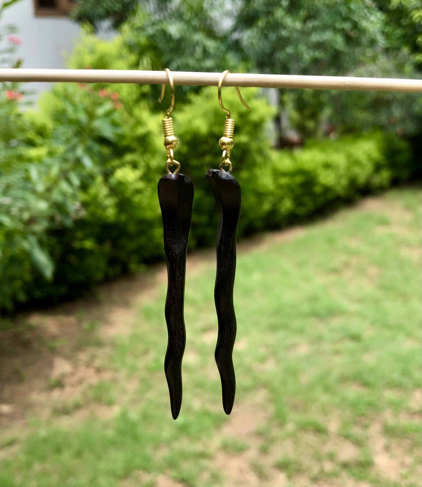 Ebony Wood Long Shoulder Duster Linear Handmade Snake Earrings 85 mm length, D 4