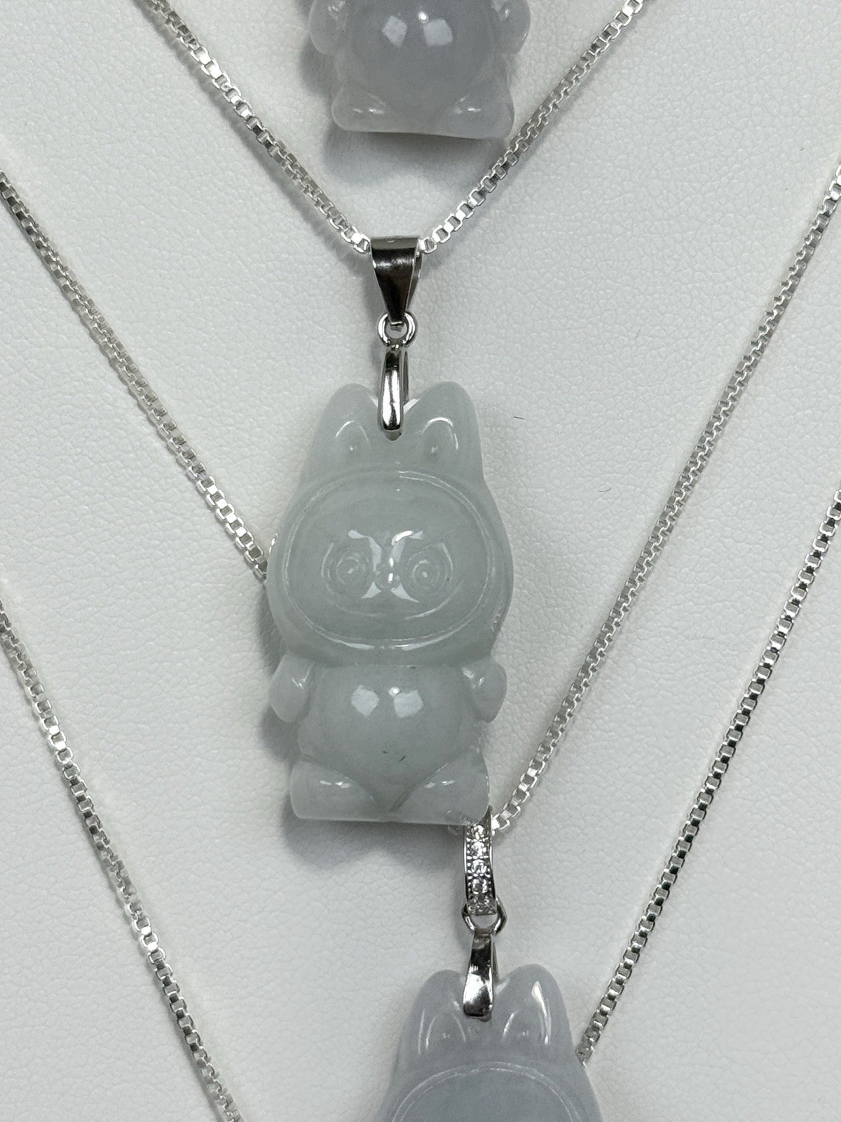 Jadeite White/Green Bubu Pendant Necklace 29.3/12.3MM on Silver S925 18IN Chain