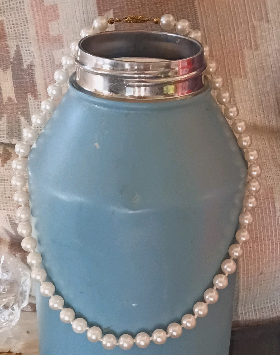 White Round Pearl Beaded Strand Necklace, Yellow Gold Tone Fish Hook Clasp