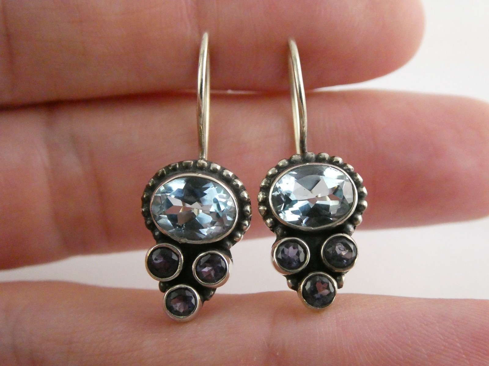 Sterling Silver Blue Topaz and Triple Iolite Hook Earrings 925 4g 1 1/8 Inches