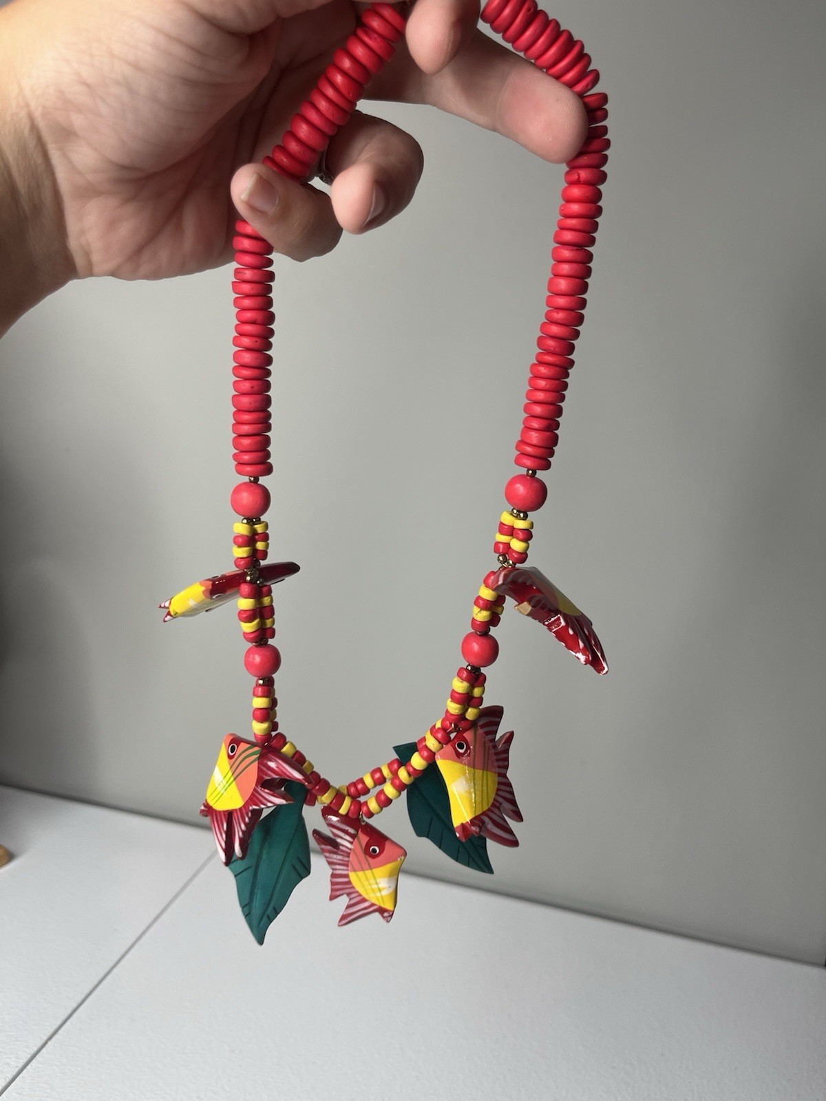 Wooden Fish Necklace Colorful Pink Yellow Green Tropical Made In Philippines