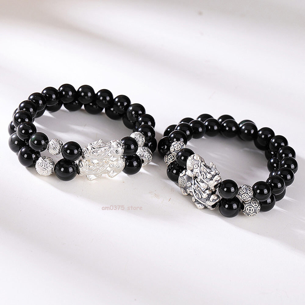 Real 999 Pure Silver Bracelet Man Women Obsidian Dragon Pixiu Beaded Link 7.1”L