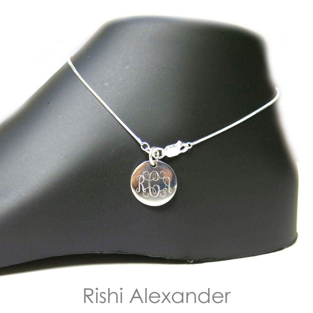 925 Sterling Silver Diamond Cut Snake Monogram Personalized Anklet