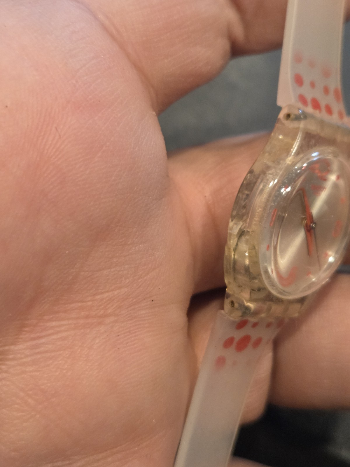 Vtg Swatch Watch 80’s 90’s Rare Red Darling 8″ Quartz Polka Dot Transparent C201