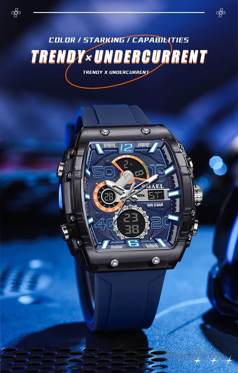 8109 Men’s Multifunctional Digital Sports Watch 50M Waterproof Dual Display LED