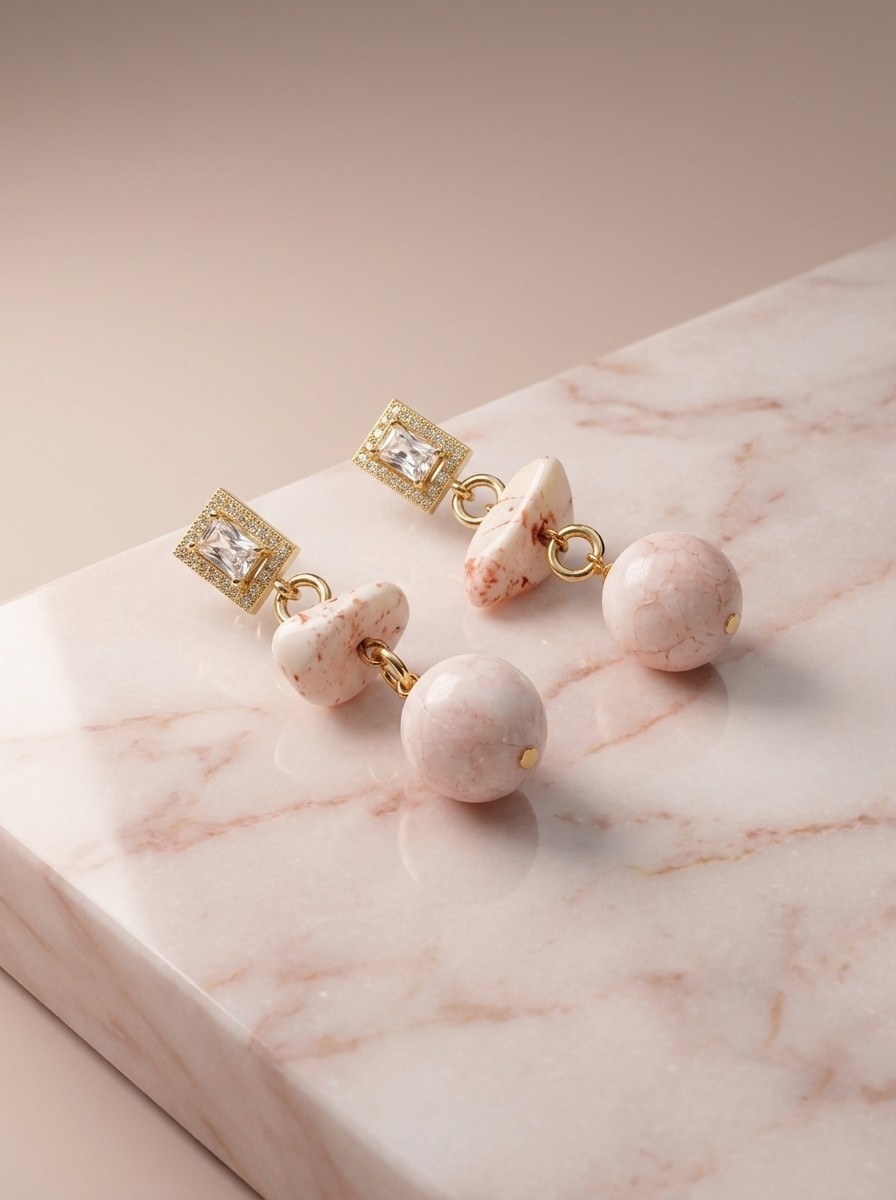 Pink Coral, Quartz and Crystal Pendant Earrings