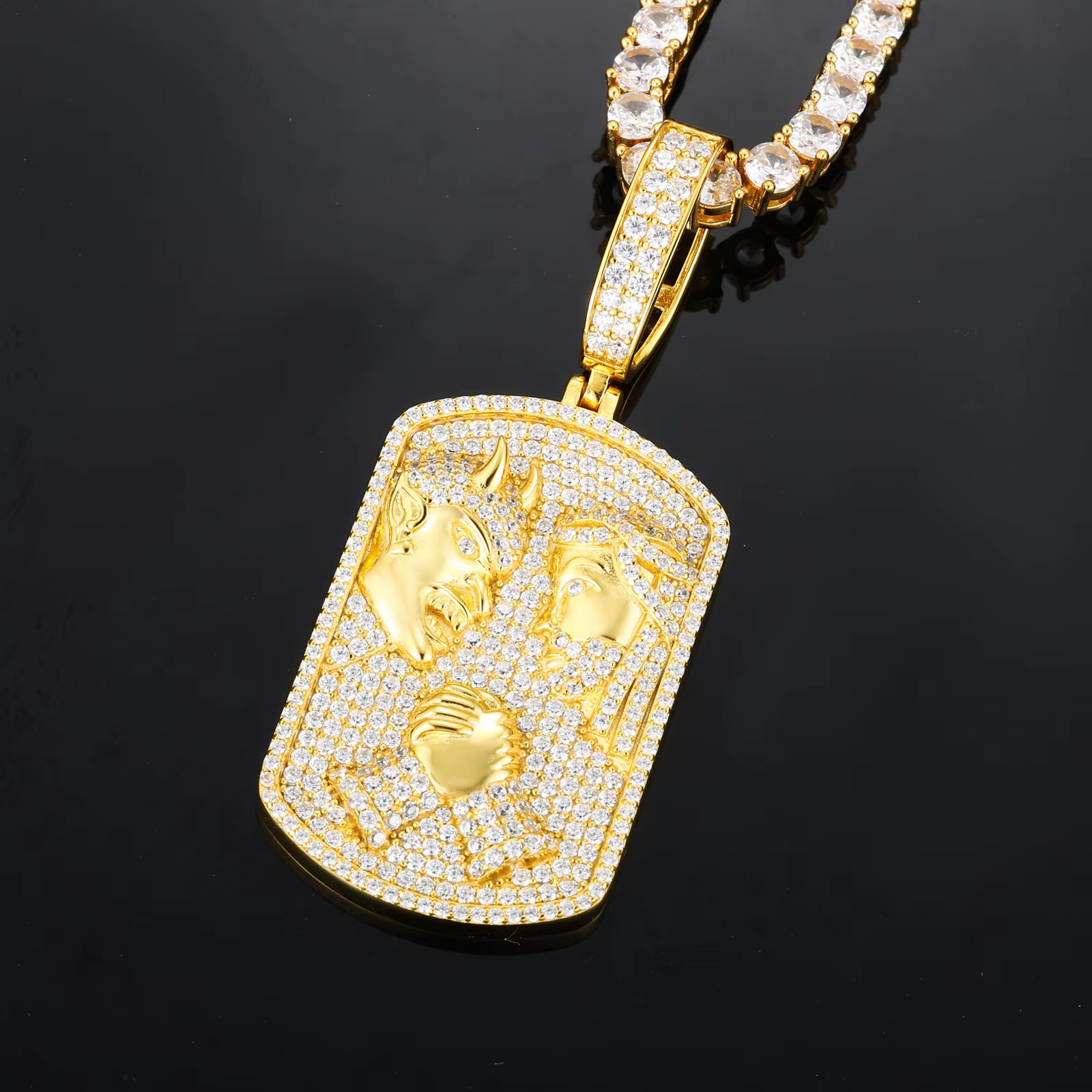 925 Silver VVS Moissanite Jesus vs Devil Pendant Iced Out 14k Yellow Gold Plated
