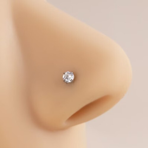 14Kt White Gold Real 0.04 Ct Diamond Nose Stud Screw Ring Piercing Pin 18 Gauge