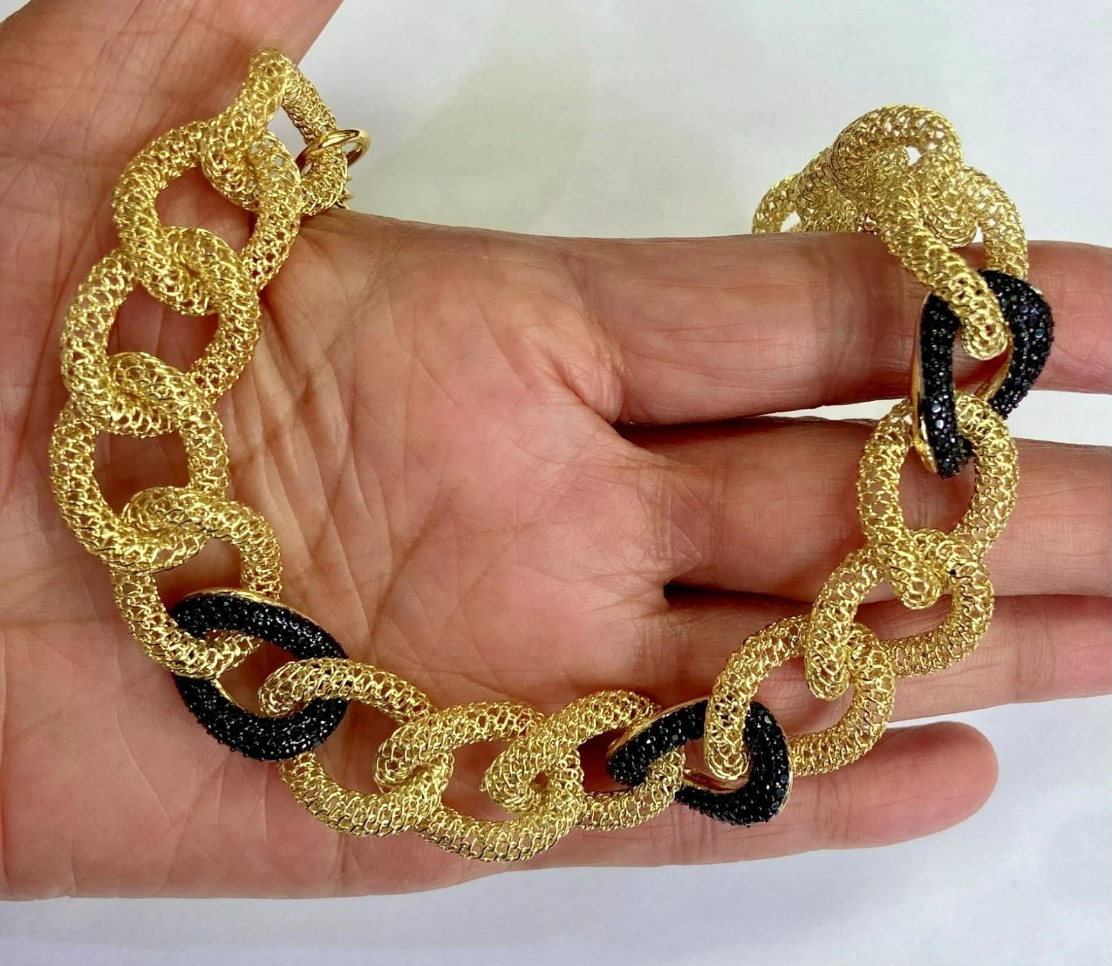 HSN Bellezza 18K Yellow Gold Over Bronze Black Spinel Mesh Link Necklace