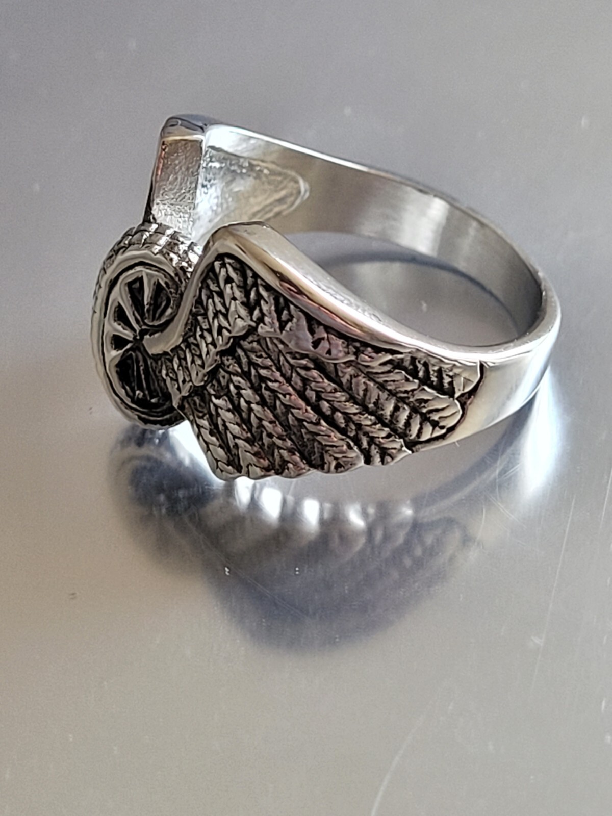 Stainless Steel Polished Winged Wheel Ring – Stainless Steel Biker Ring