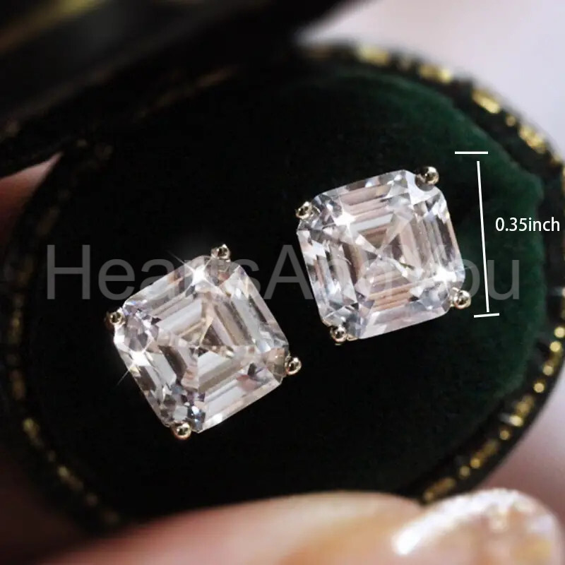 3ct Asscher Cut Moissanite Classic Solitaire Stud Earrings 14K White Gold Plated