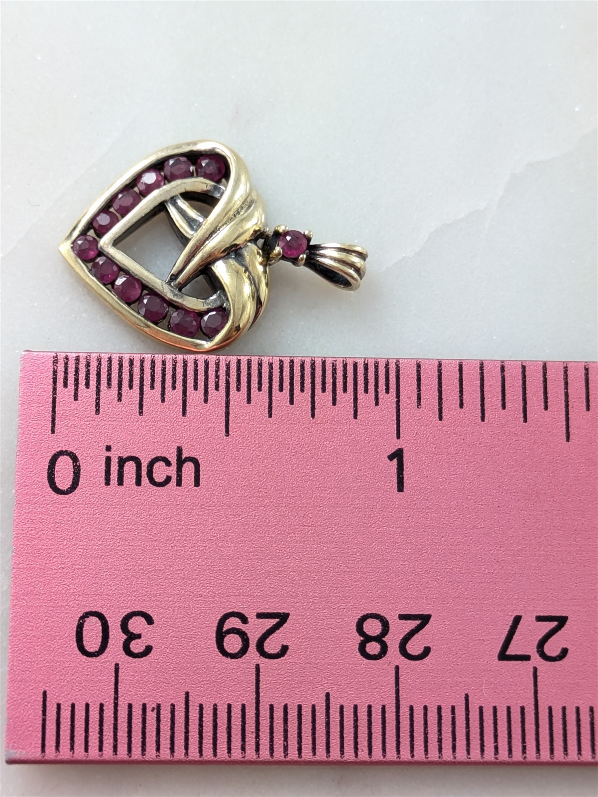 Vintage Solid Sterling Silver Gold Color Heart Pendant Red Gemstones 3 Grams