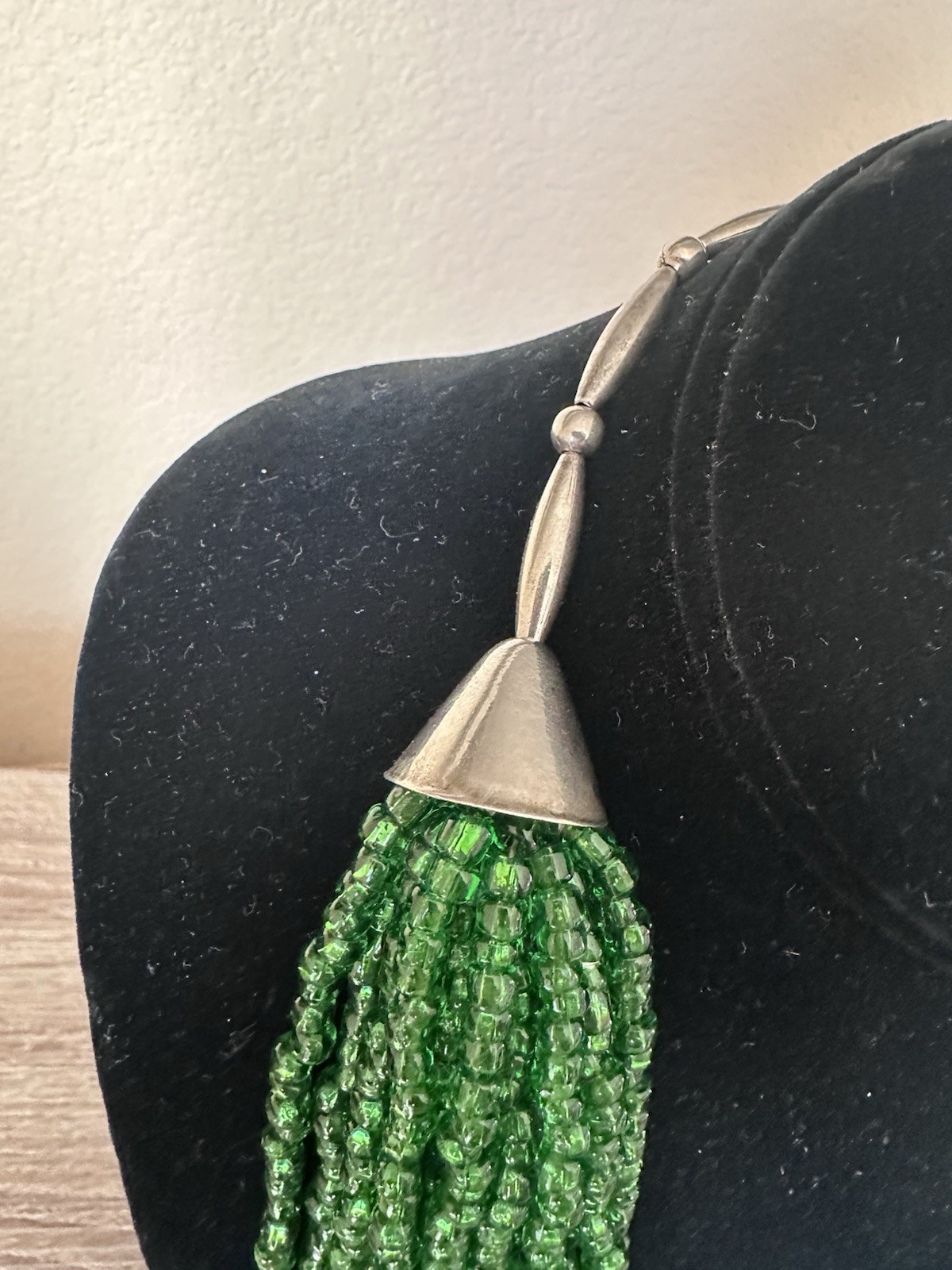 Vintage Southwestern Multi Strand Green Glass Seed Bead Necklace Silver Tone