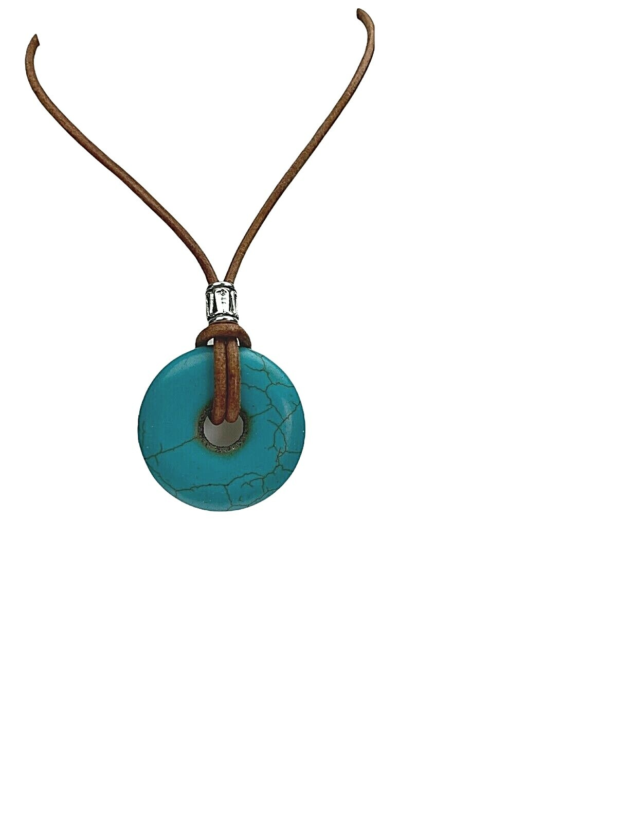 Crackle Turquoise Donut Necklace 30mm Brown Leather Cord Stainless Steel Clasp