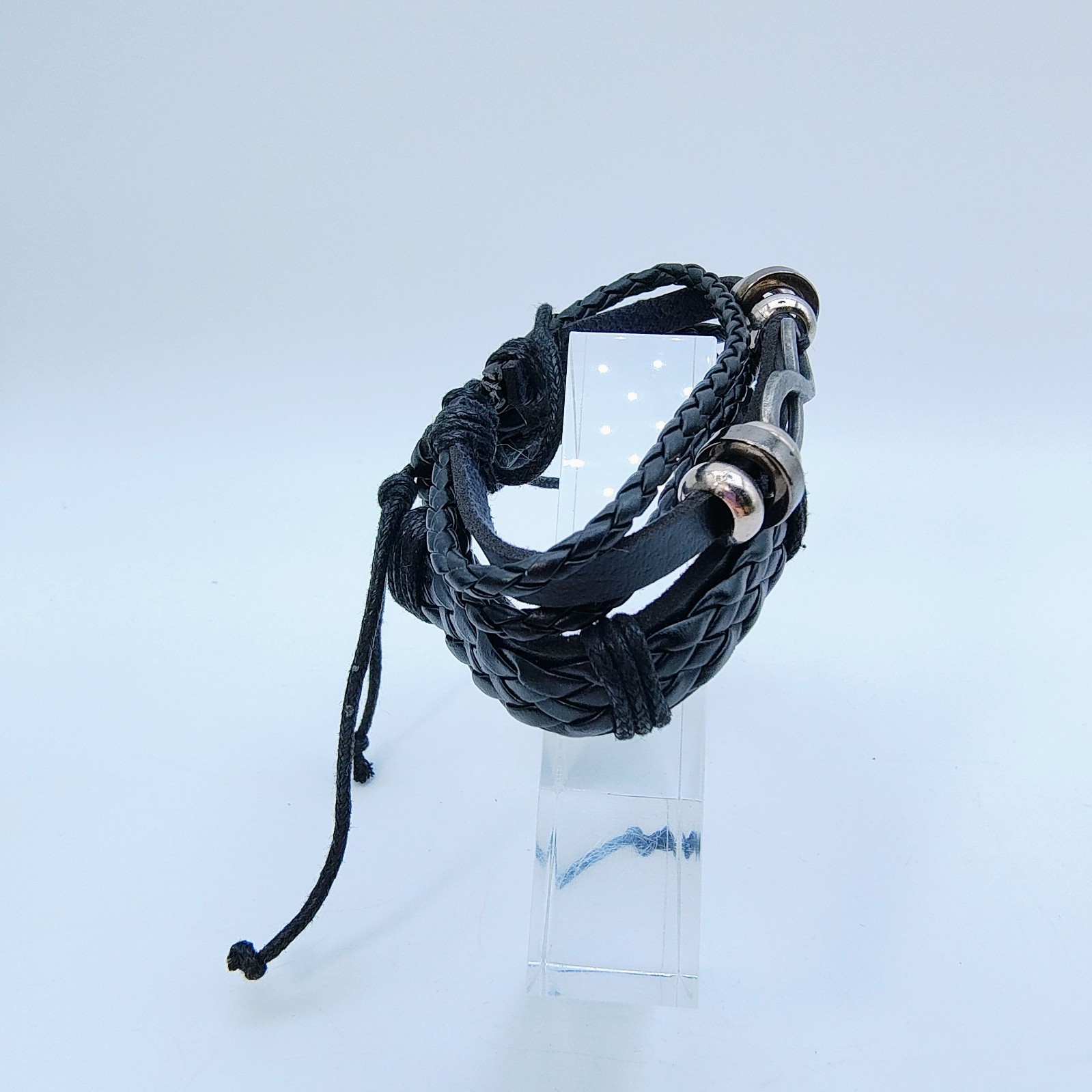 Black Faux Leather Bracelet Set of 2 Silver Tone Infinity Y2K Rock Indie Grunge