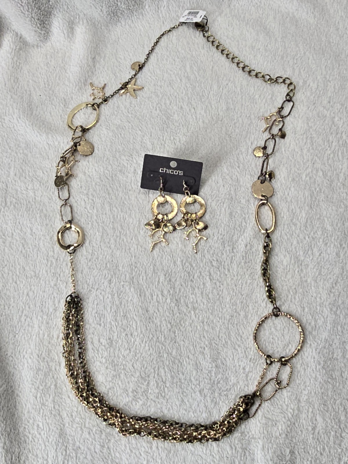 CHICO’S Sea Life Beachy Goldtone/brass Long Charm Necklace & Earring Set NWT $70