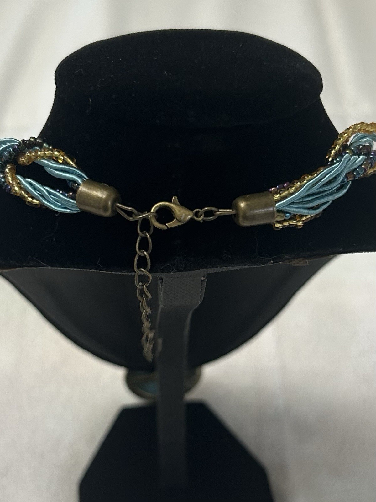 Blue Cord Chain Necklace Round Bezel Charm Pendant Light Blue Stone Adjustable