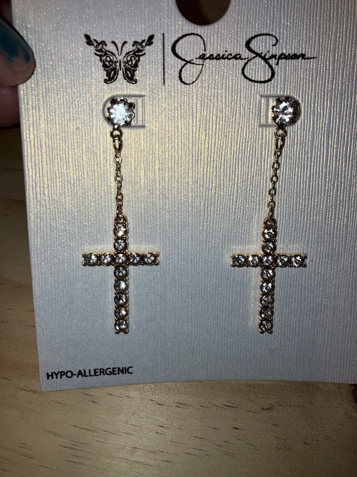 Jessica Simpson Gold Tone Rhinestone Encrusted Drop Cross Pierced Earrings 3”