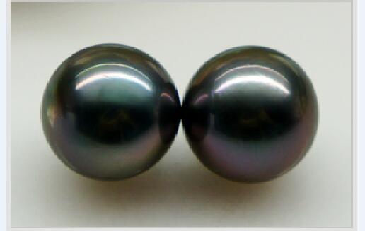 PAIR 13mm Natural Tahitian south sea black red green round loose pearl undrilled