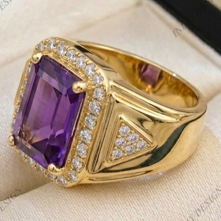 Men’s 925 Silver Signet Ring Purple Natural Amethyst Emerald Cut Shape Gemstone