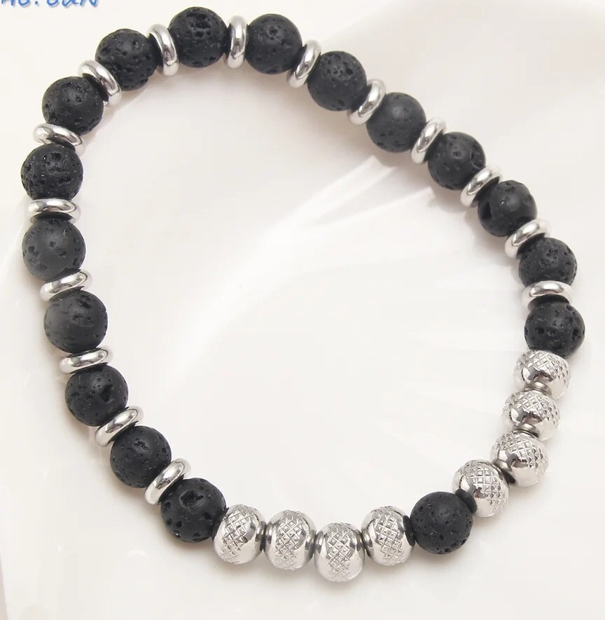 Charm Natural Stone Bracelet Black Lava Beaded Elastic Steel Bracelets Handmade