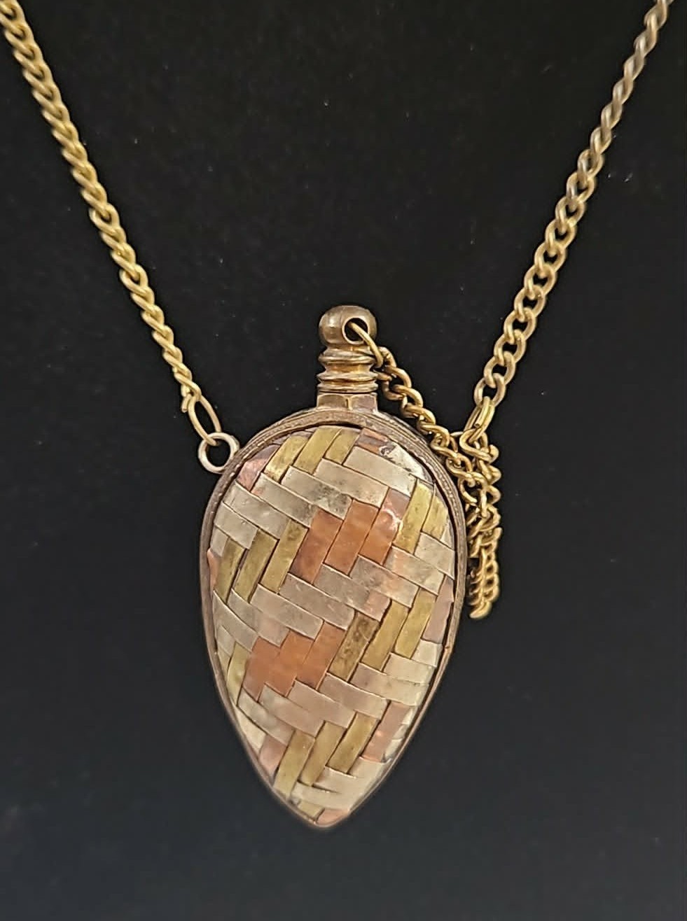 Vintage Perfume Bottle Necklace Pendant Chatelaine Woven Mixed Metal Flask 41g