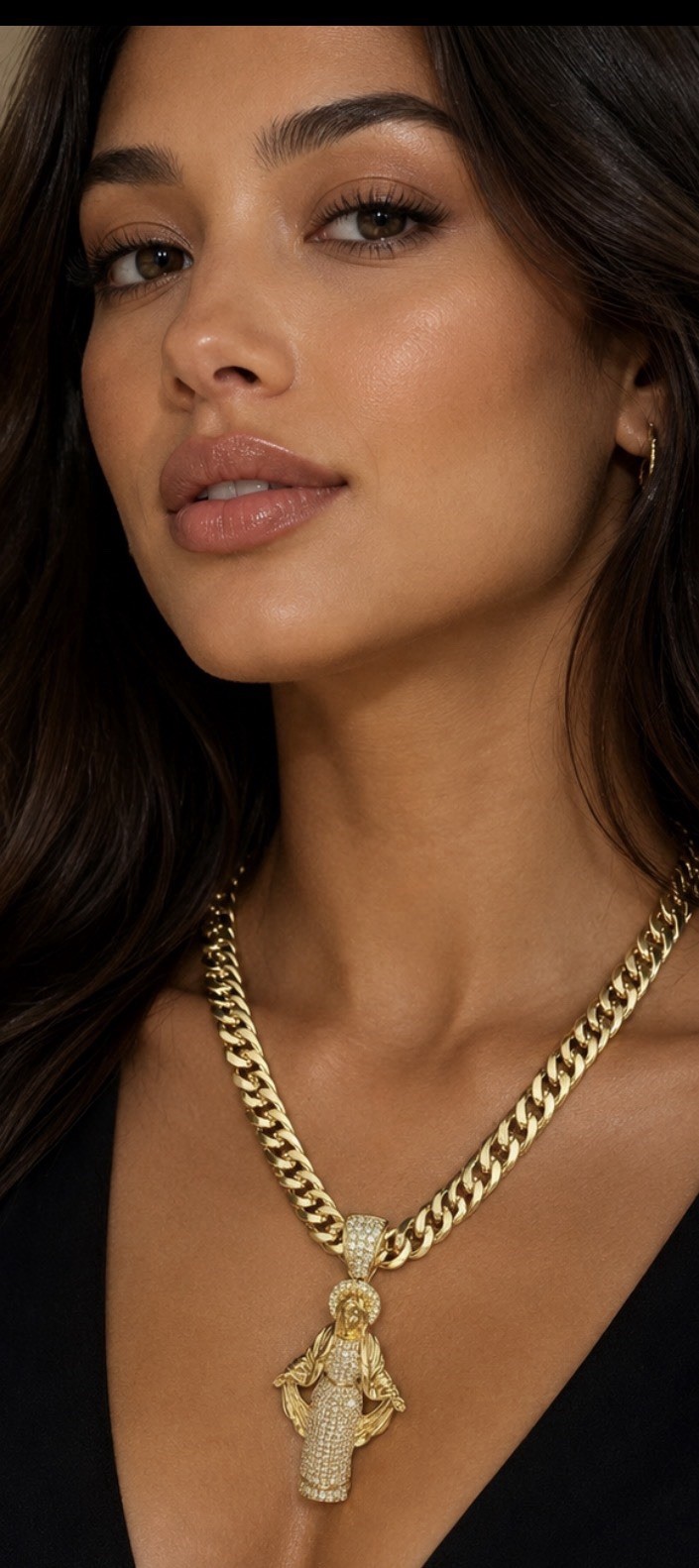 Gold plated none tarnishedCuban Link Chain Religious Necklace w/ Rhinestone