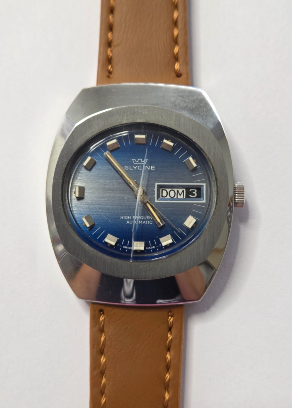 NOS Glycine Hight Frecuency Automatic Watch Vintage Mens Blue Fractured glass