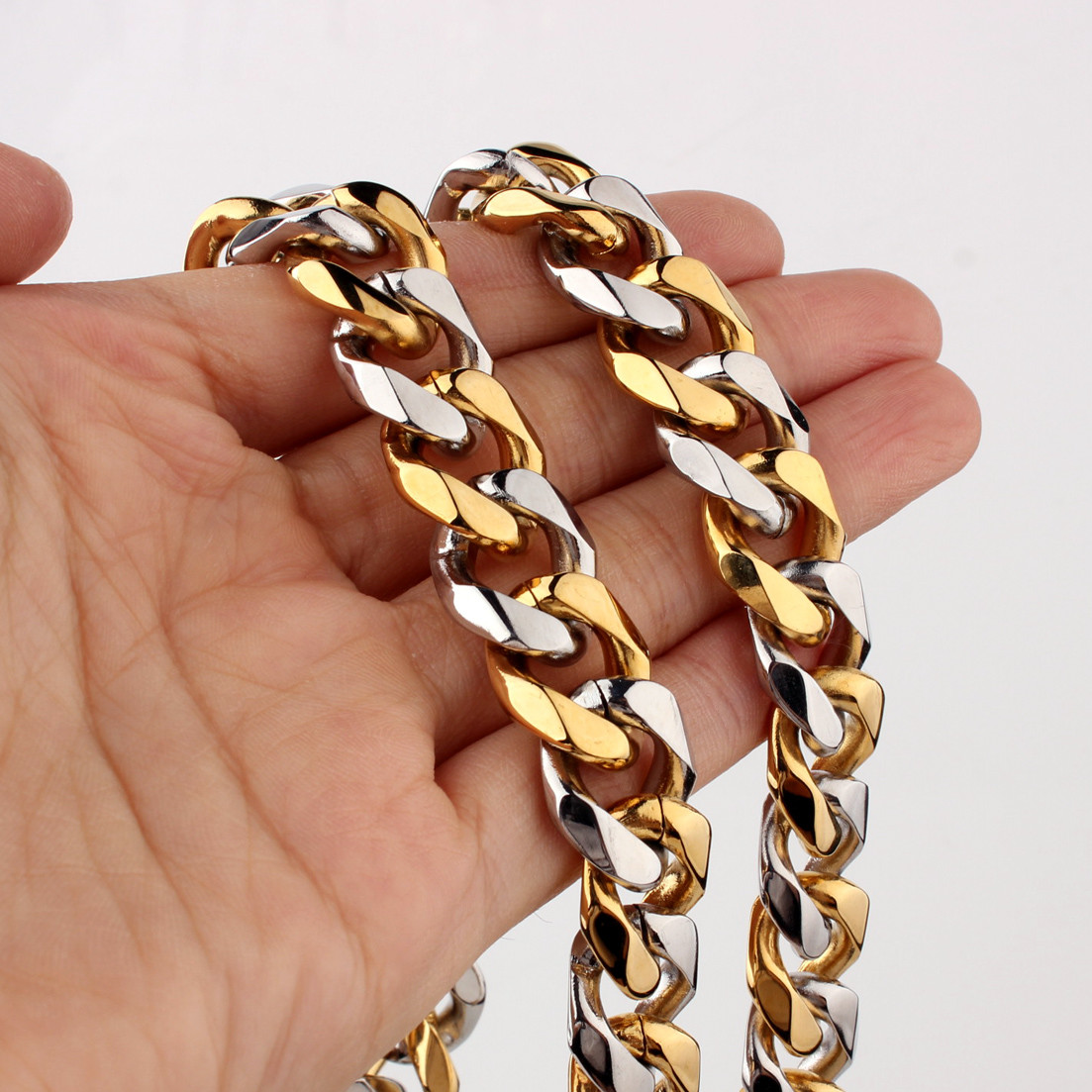 13/15mm Heavy Cut Men’s Chain Stainless Steel Curb Cuban Link Bracelet Necklace