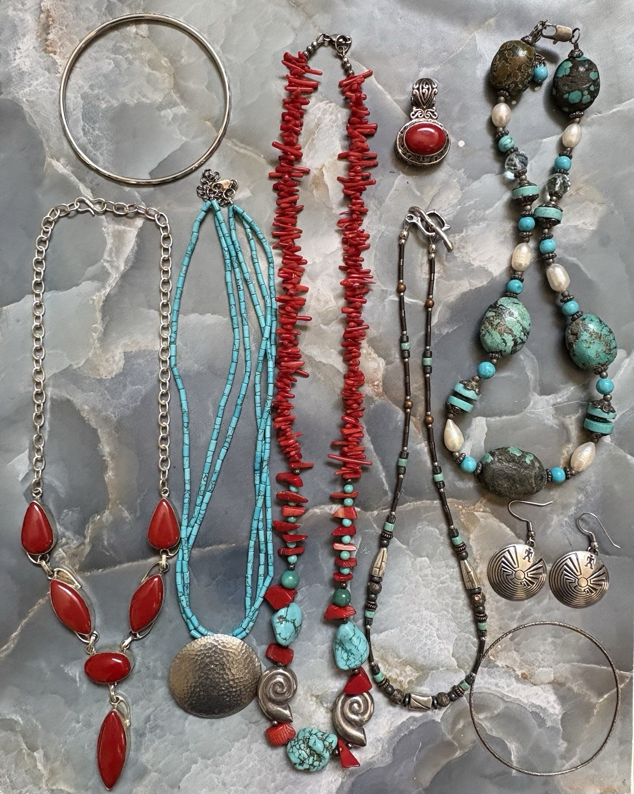 925 Sterling Silver Southwest Lot Turquoise Coral Real & Faux Necklace Bangles