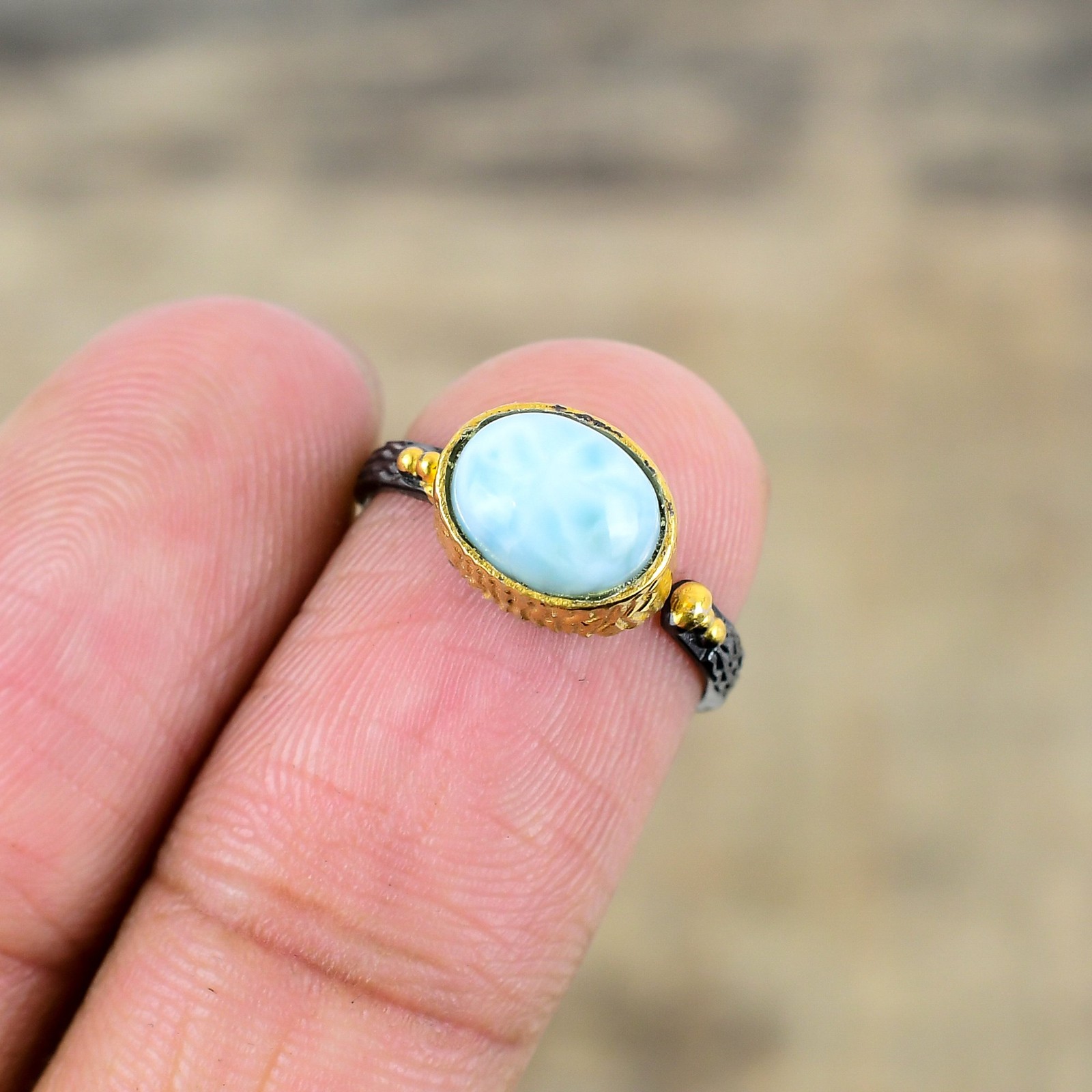 Larimar Black And Gold Plated 925 Sterling Silver Ring S.Adjustable R87110