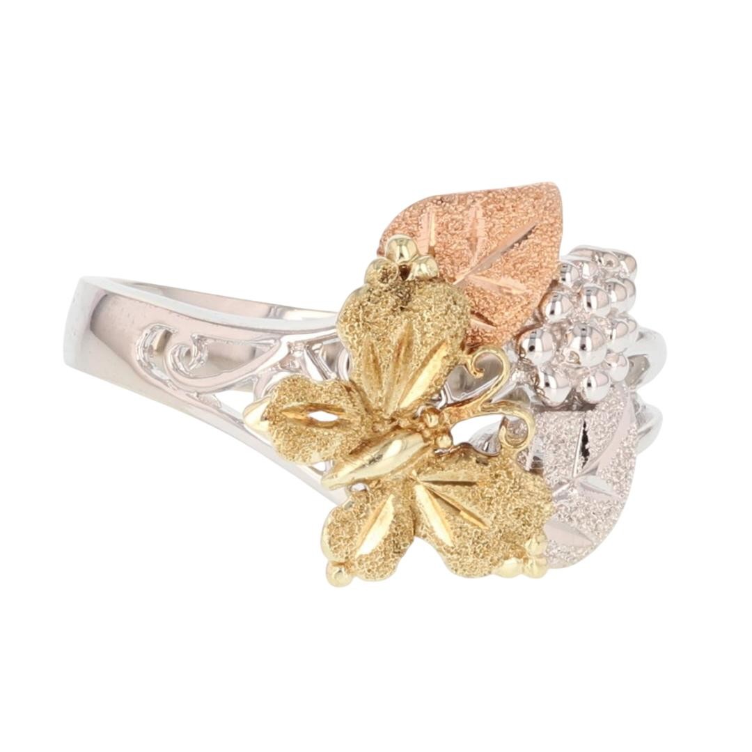 15.1mm Textured Butterfly & Leaves Ring 14k Multi-Tone Gold 4.31 Grams Size 7.75