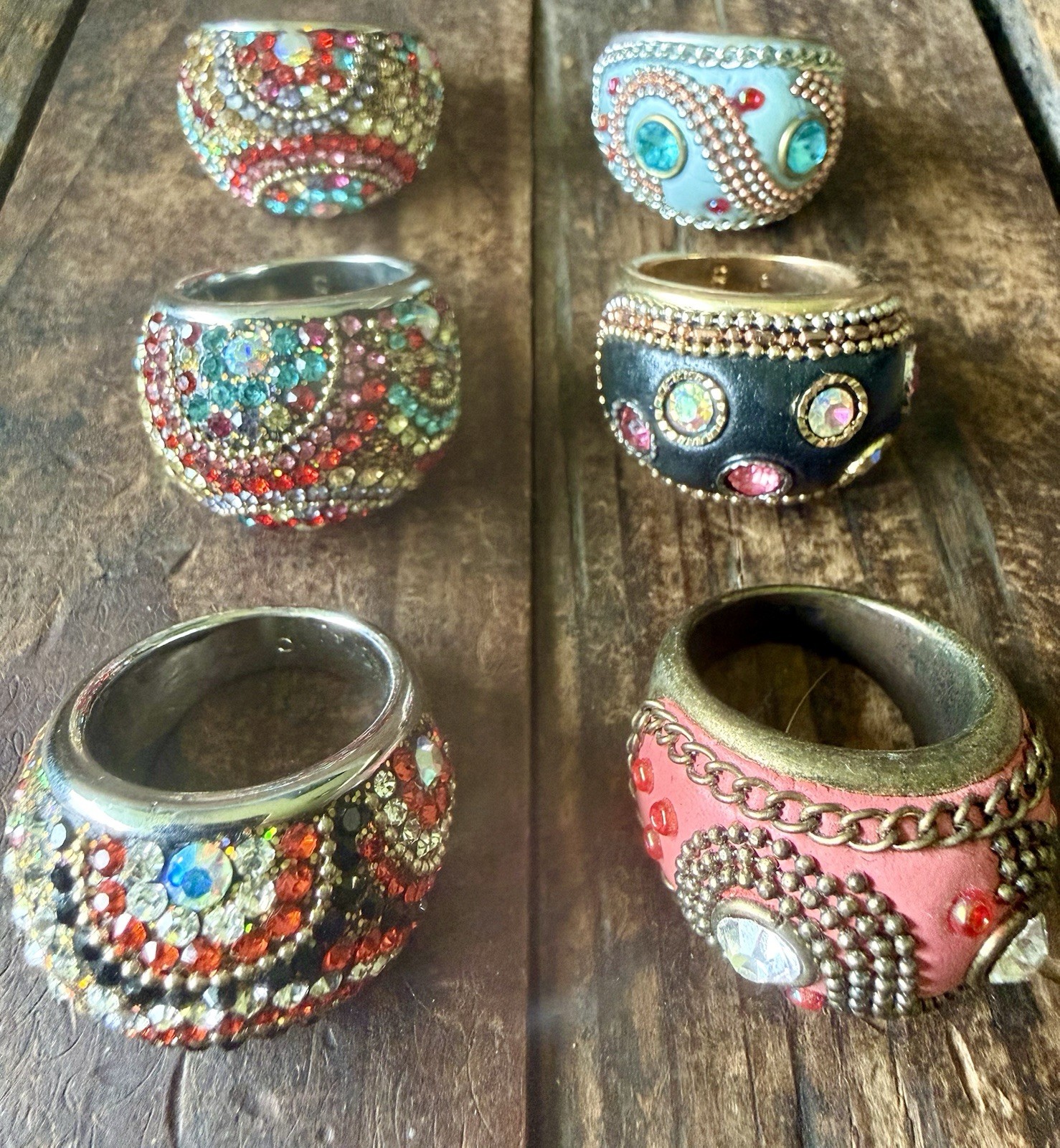 Lot of 6 Chunky Statement Rings Boho Rhinestone Multi Color Pink Blue Black