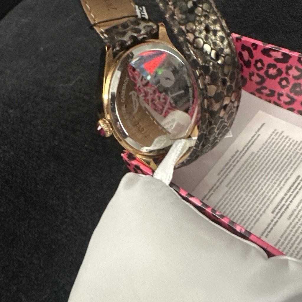 Betsey Johnson Womens Gold Tone Gem-Set Bezel Black Leather Strap Watch Box